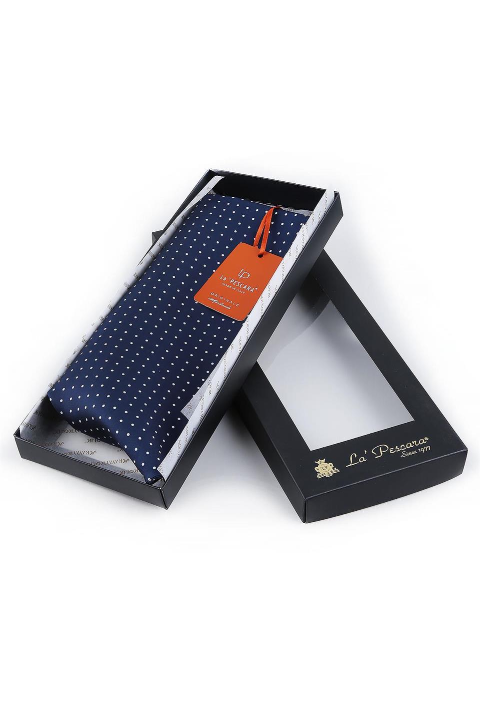 Lacivert Puantiye Desen İpek İtalyan Erkek Ascot K425