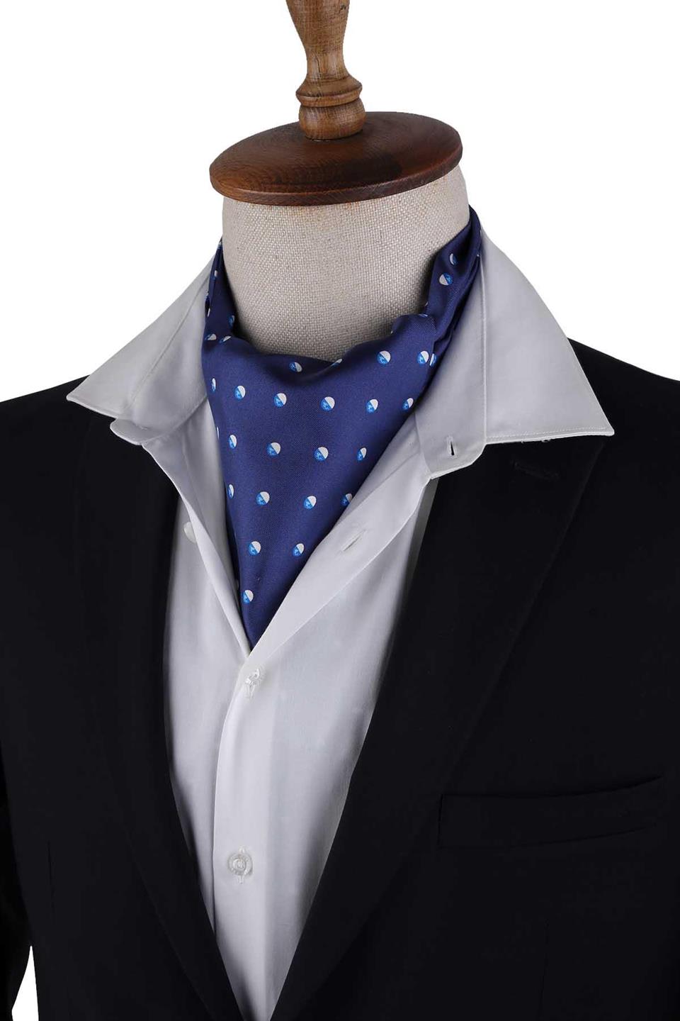 Lacivert Puantiye Desen İtalyan İpek Ascot Fular K653