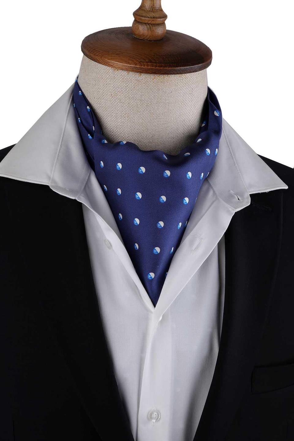 Lacivert Puantiye Desen İtalyan İpek Ascot Fular K653