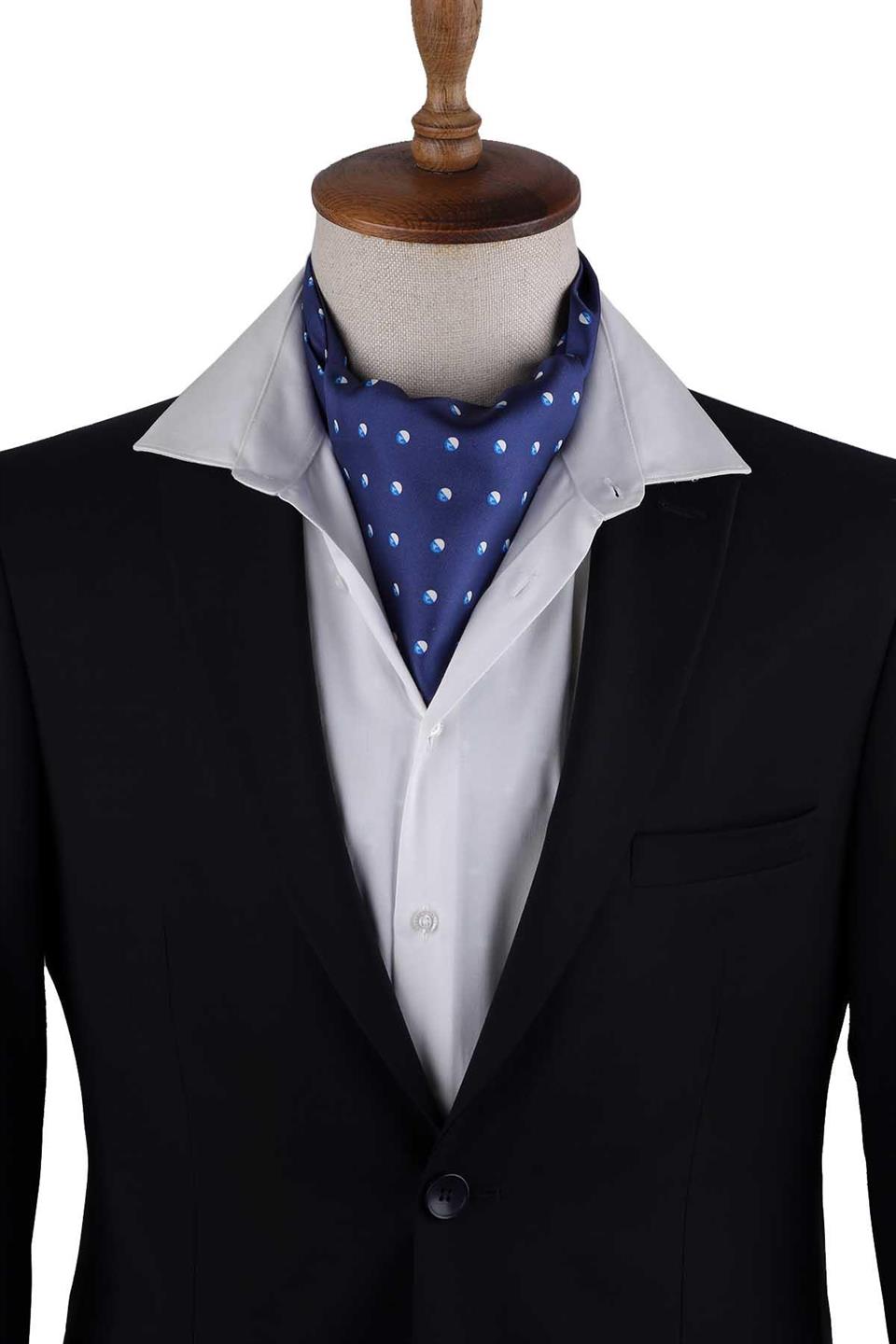 Lacivert Puantiye Desen İtalyan İpek Ascot Fular K653