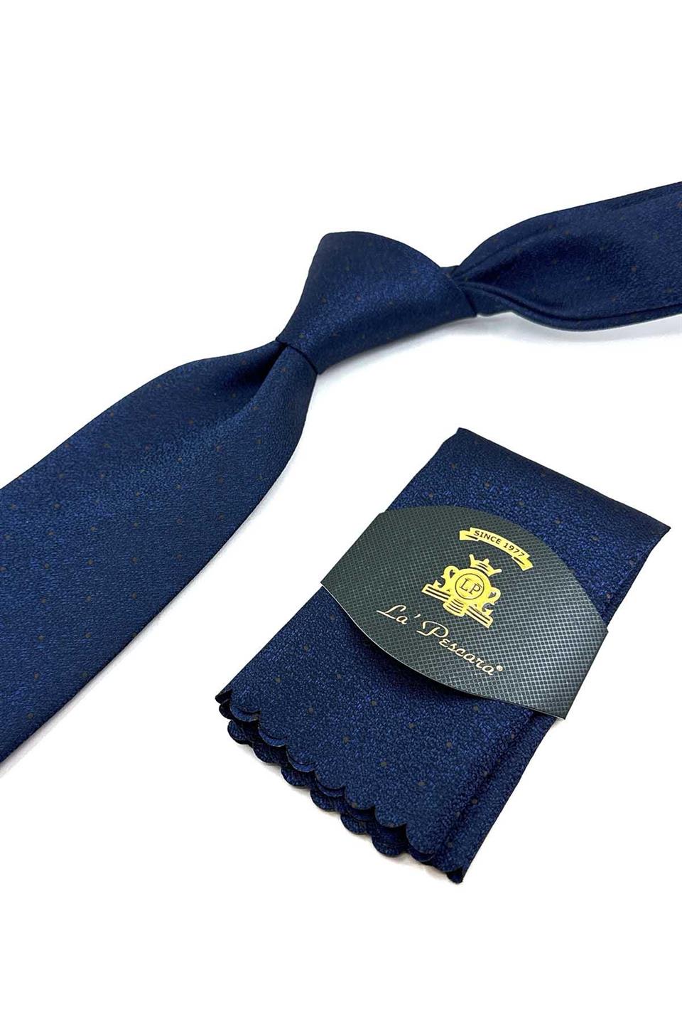 Lacivert Puantiye Desen Mendilli Klasik Kravat KK12319