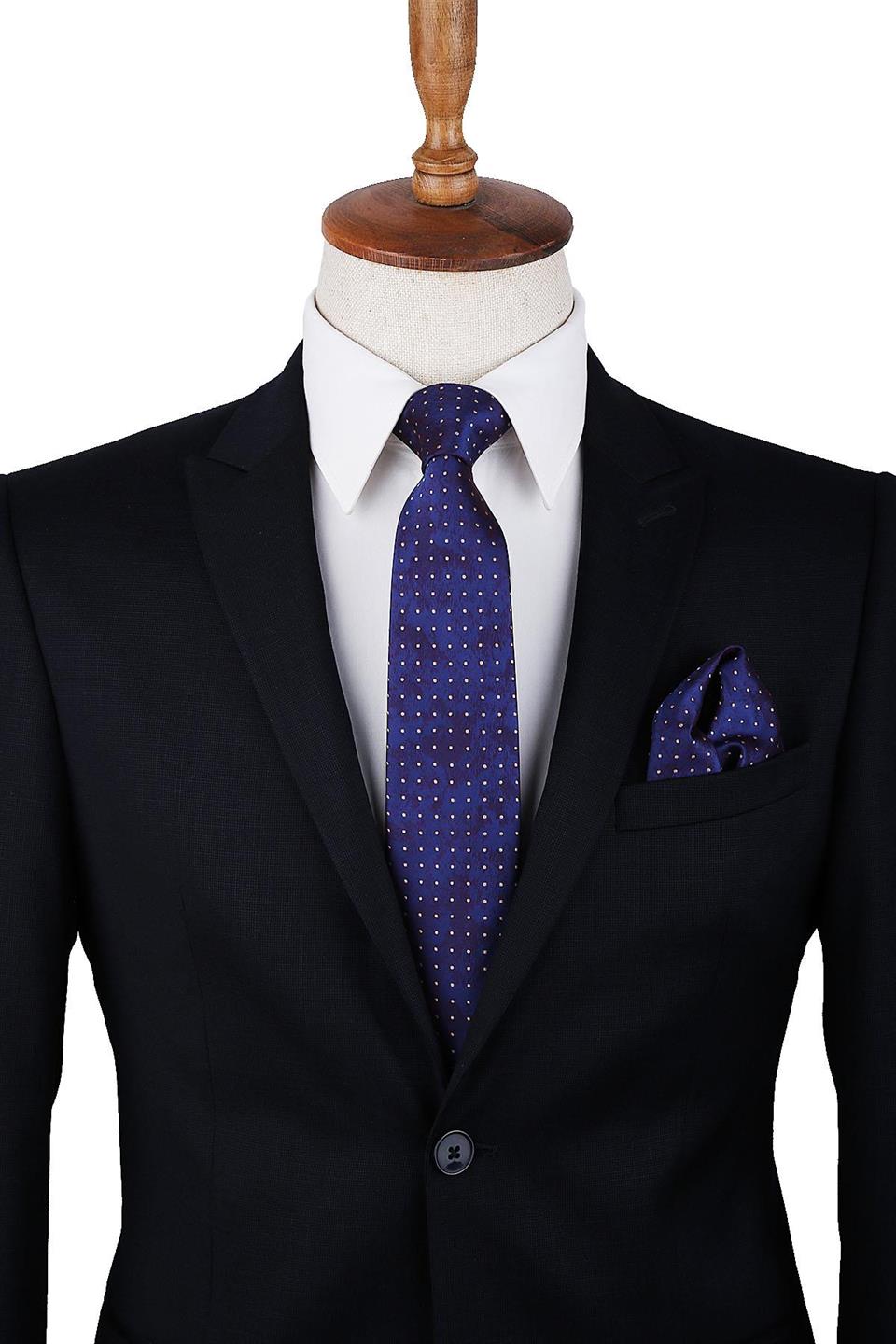 Lacivert Puantiye Desen Mendilli Klasik Kravat KK10053