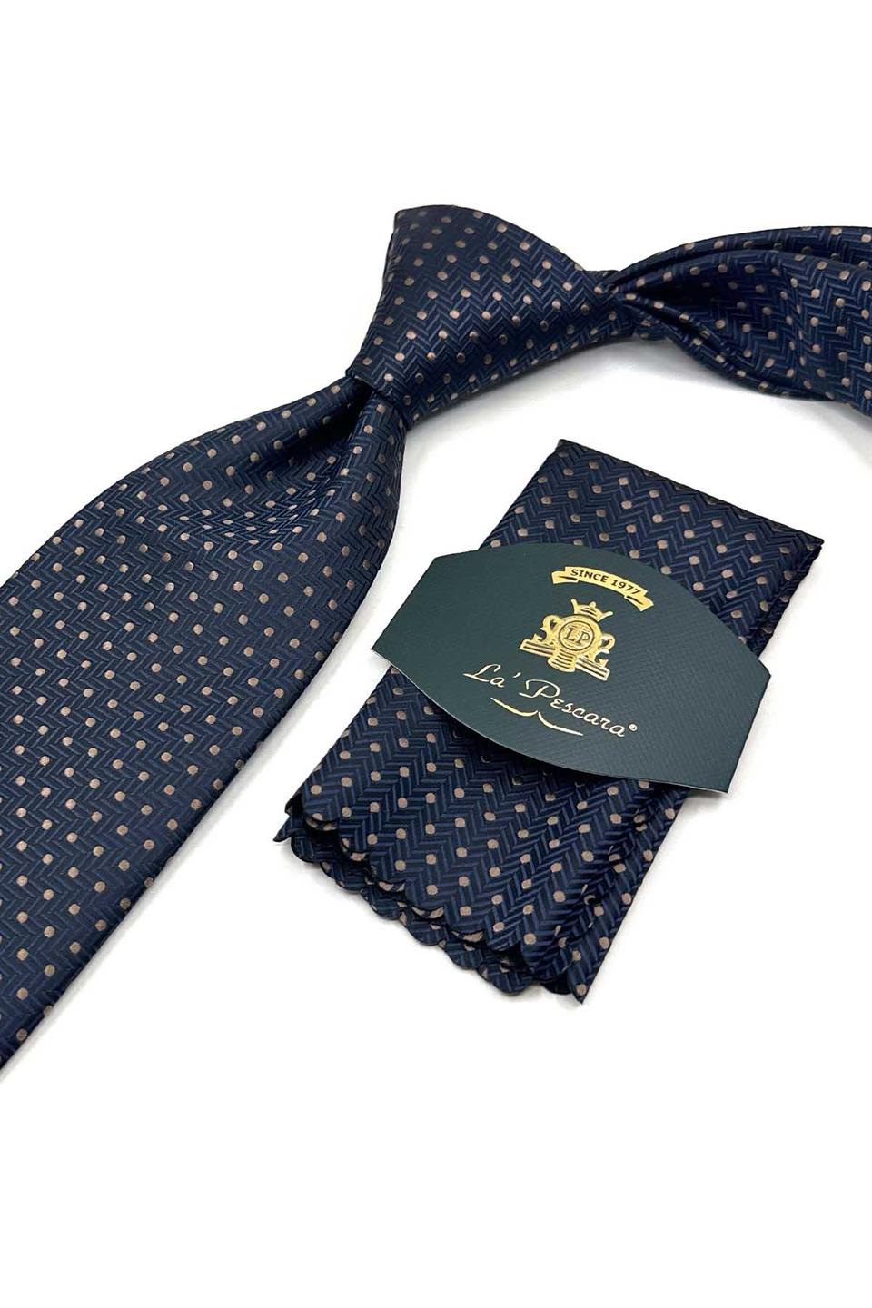 Lacivert Puantiye Desen Mendilli Klasik Kravat KK13540