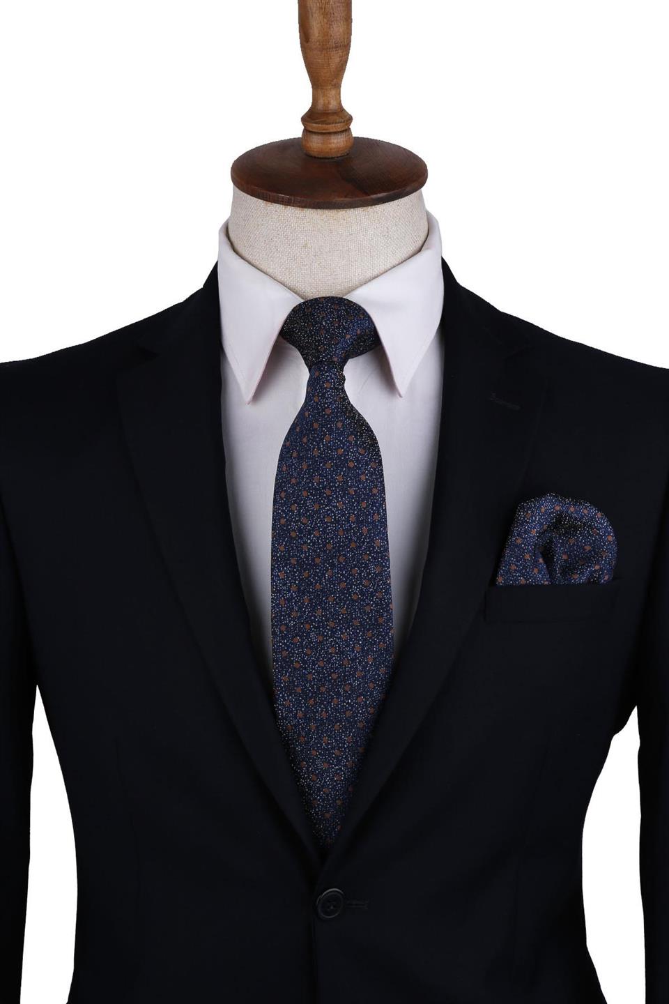 Lacivert Puantiye Desen Mendilli Klasik Kravat KK10502