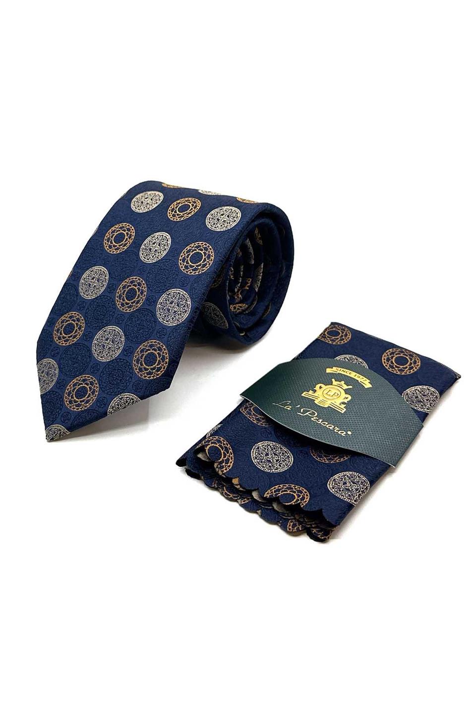 Lacivert Puantiye Desen Mendilli Klasik Kravat KK12989