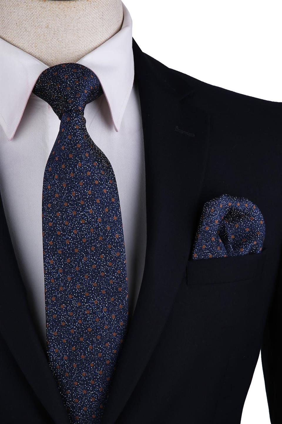 Lacivert Puantiye Desen Mendilli Klasik Kravat KK10502