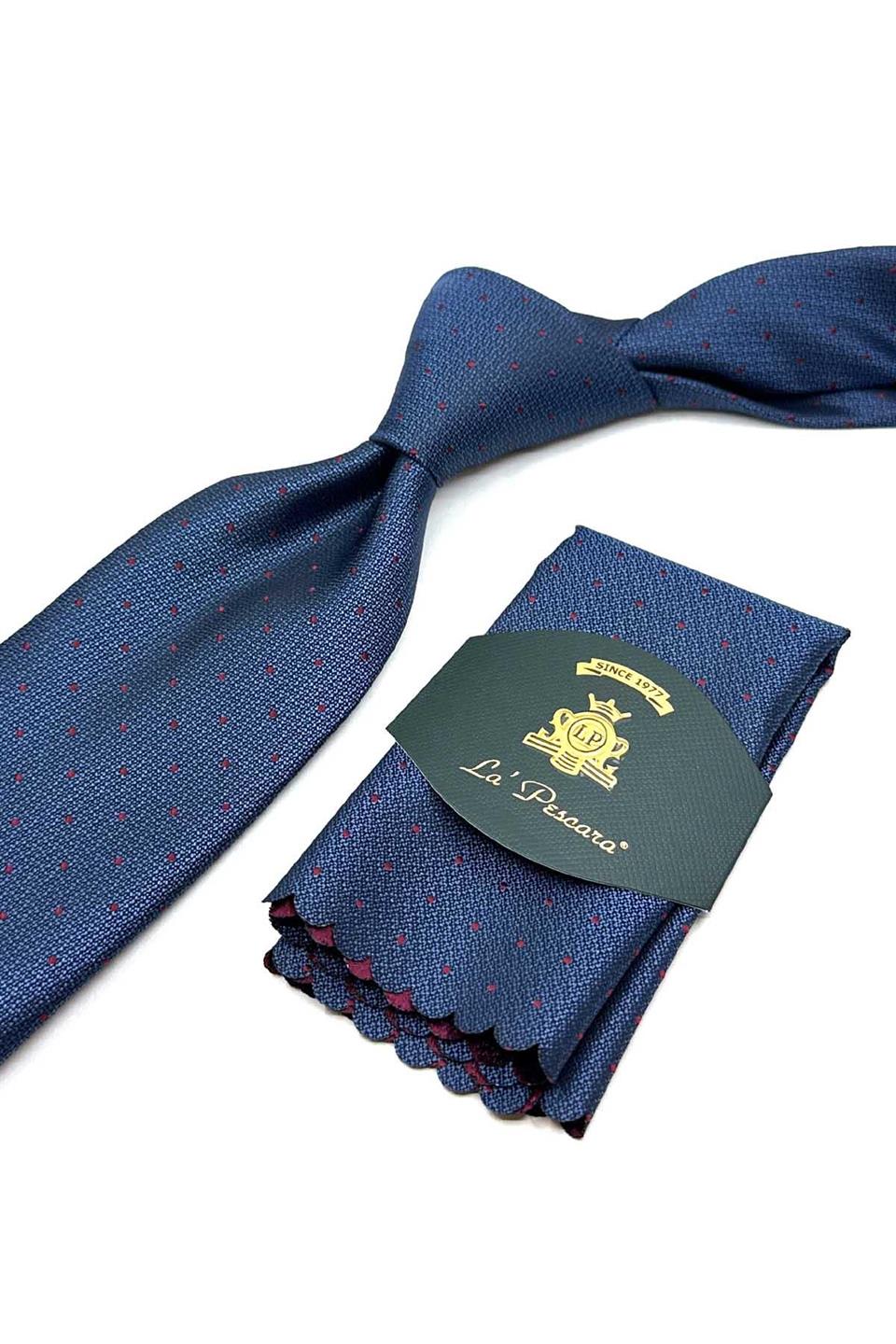 Lacivert Puantiye Desen Mendilli Klasik Kravat KK12895