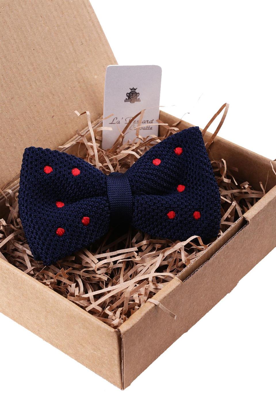 Lacivert Puantiye Desen Örgü Papyon ÖR132