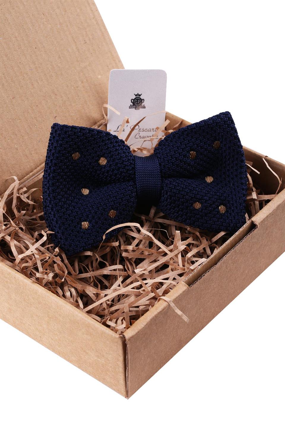 Lacivert Puantiye Desen Örgü Papyon ÖR125