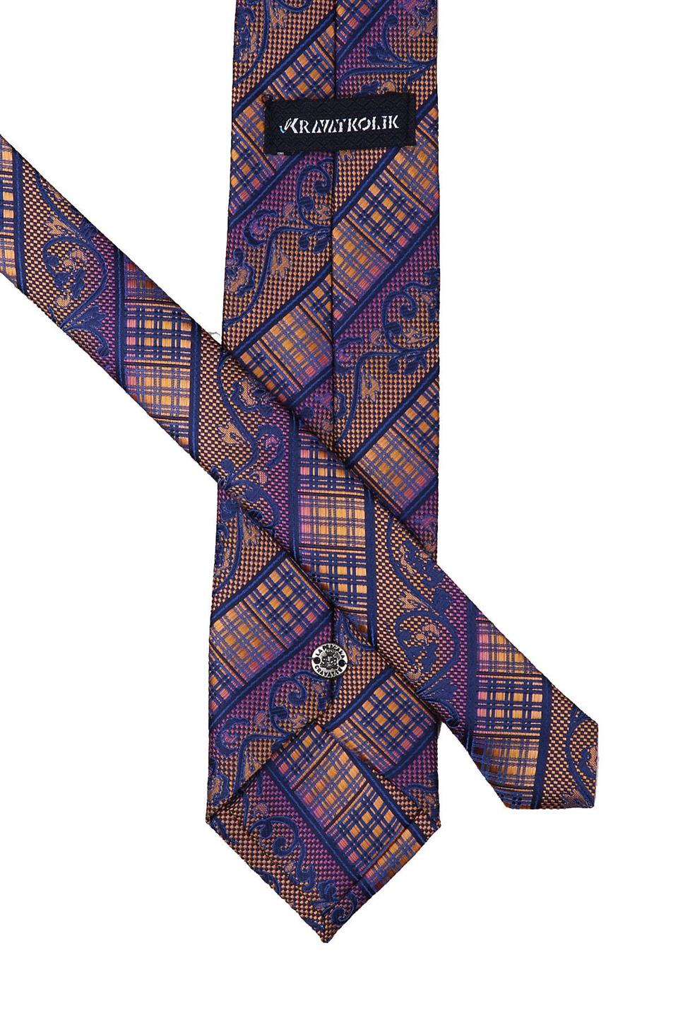 Lacivert - Safran Motif Desen Mendilli Klasik Kravat KK10147