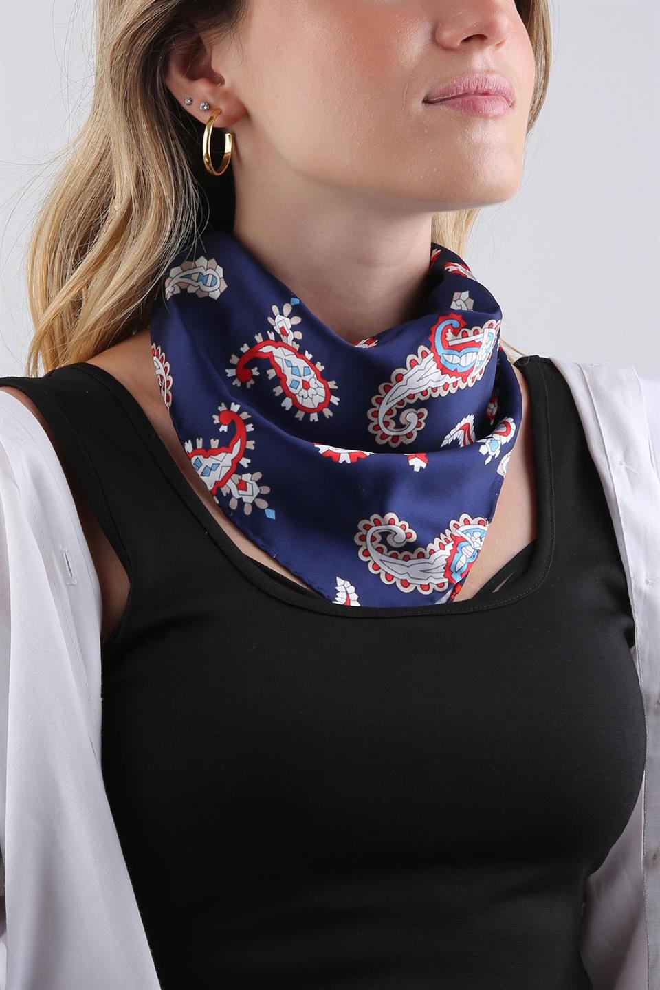 Lacivert Şal Desen Fular Bandana 55-55 cm KDNF10