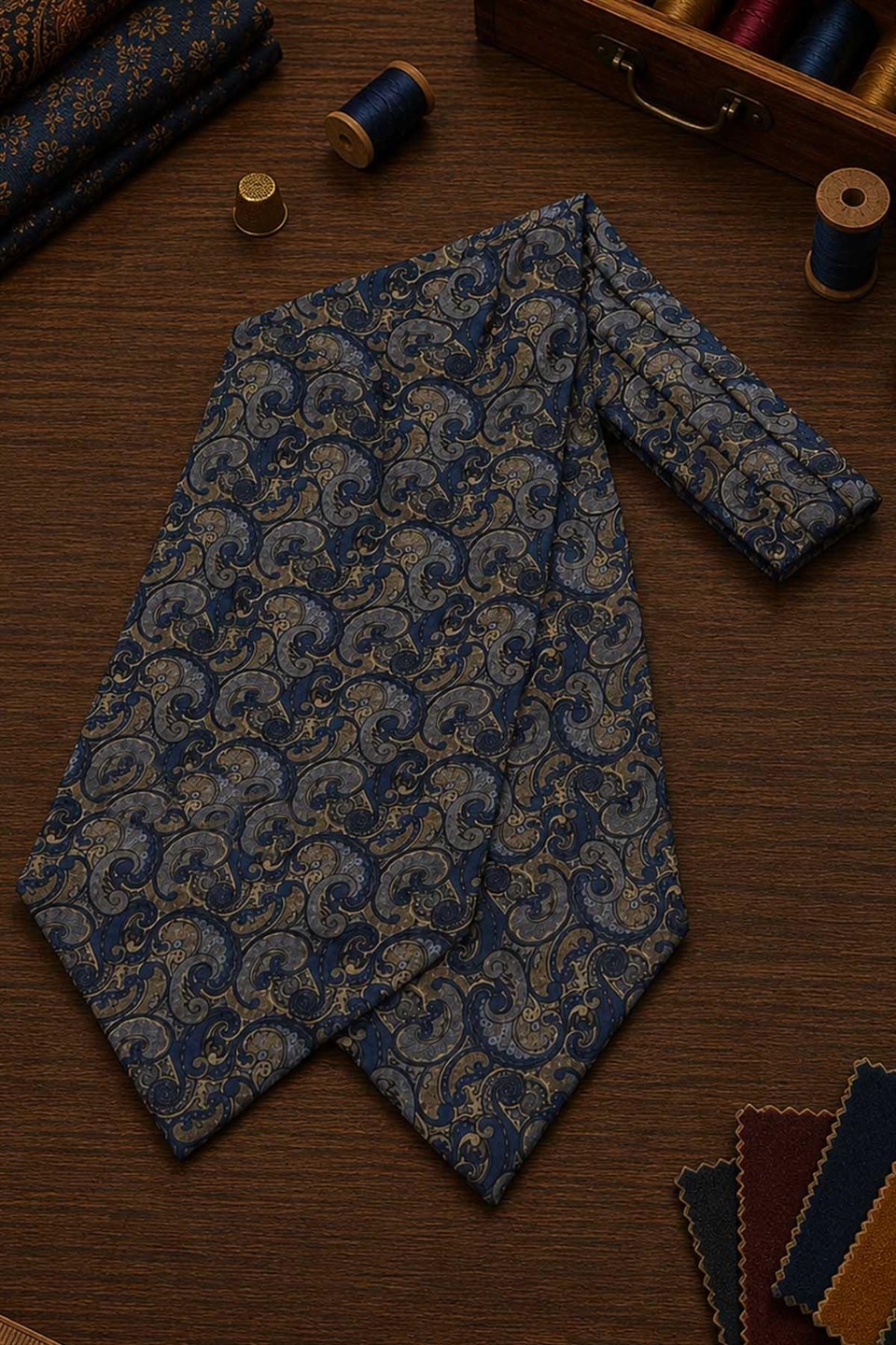 Lacivert Şal Desen İtalyan İpek Ascot Kravat SAC91