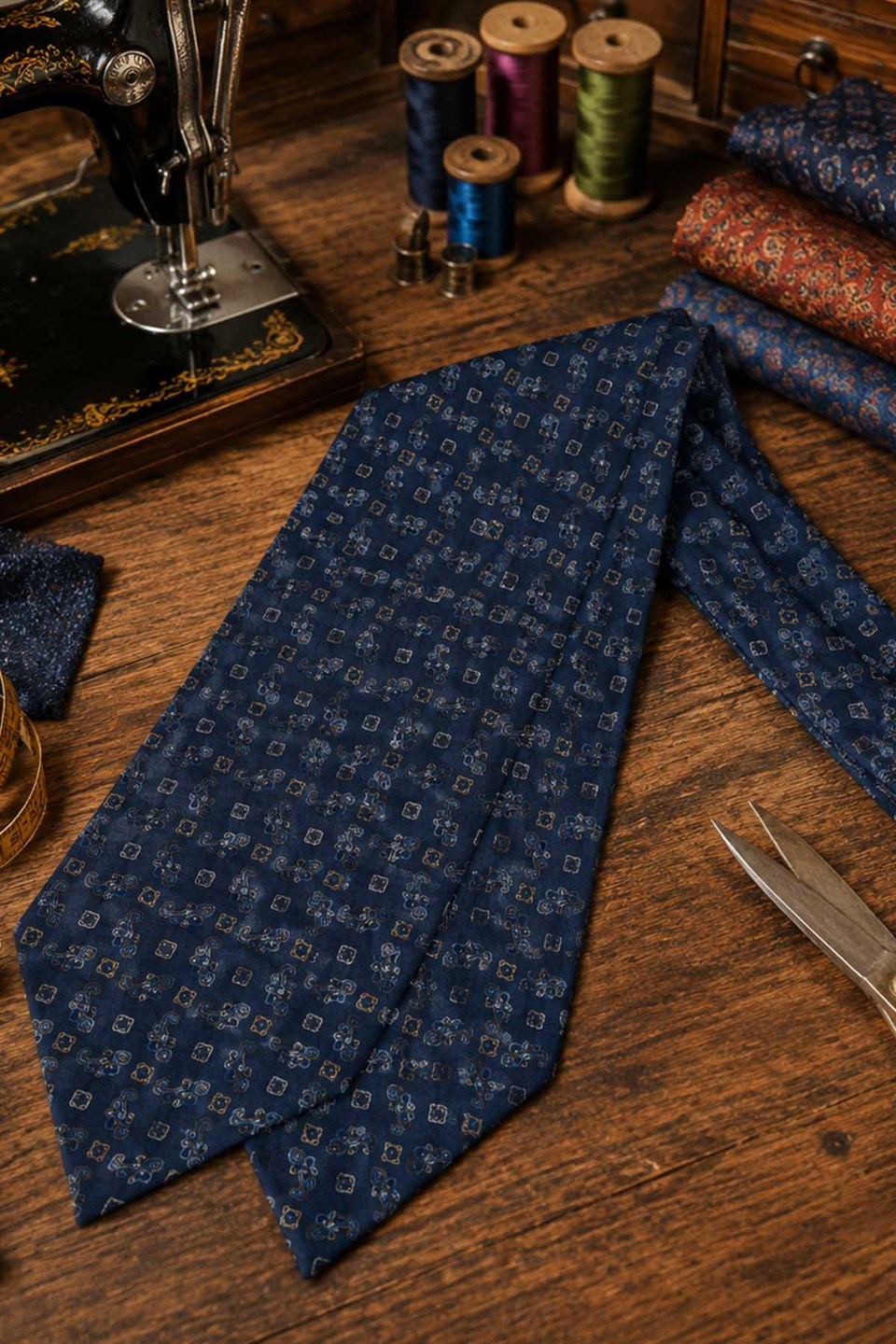 Lacivert Şal Desen İtalyan İpek Ascot Kravat SAC104