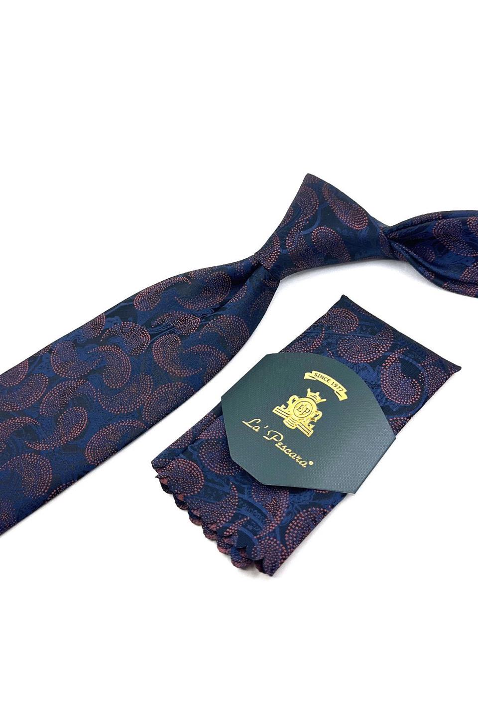 Lacivert Şal Desen Mendilli Klasik Kravat KK11855