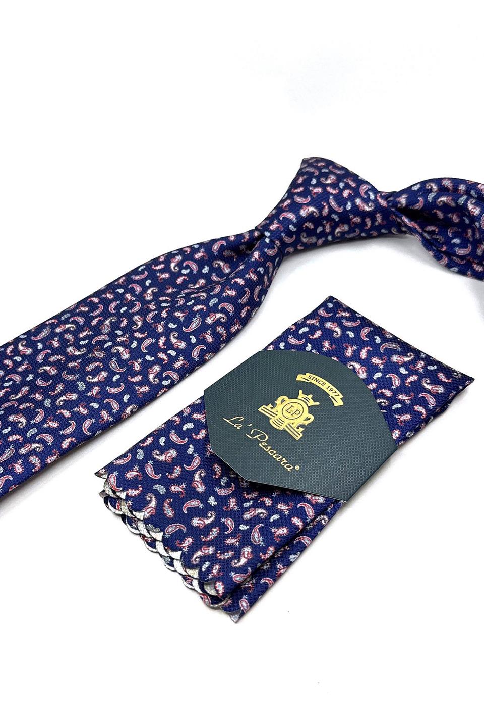 Lacivert Şal Desen Mendilli Klasik Kravat KK11772