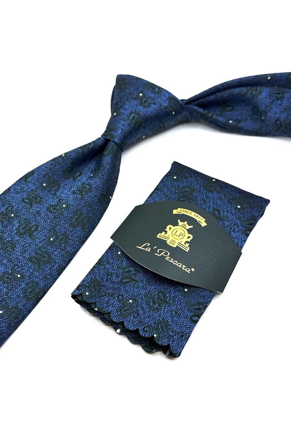 Lacivert Şal Desen Mendilli Klasik Kravat KK13113