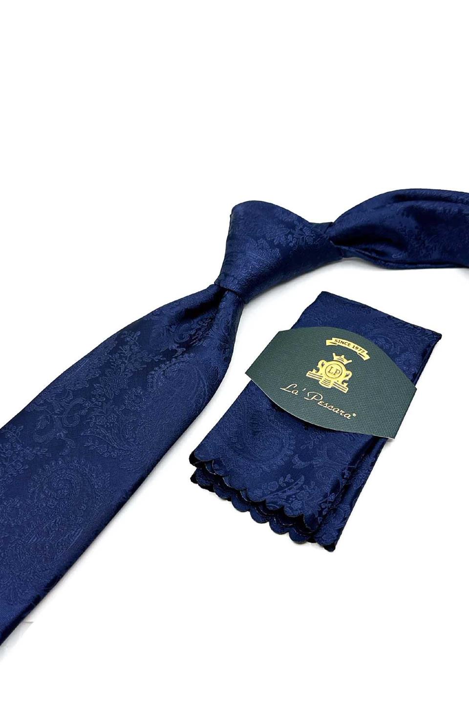 Lacivert Şal Desen Mendilli Klasik Kravat KK13123