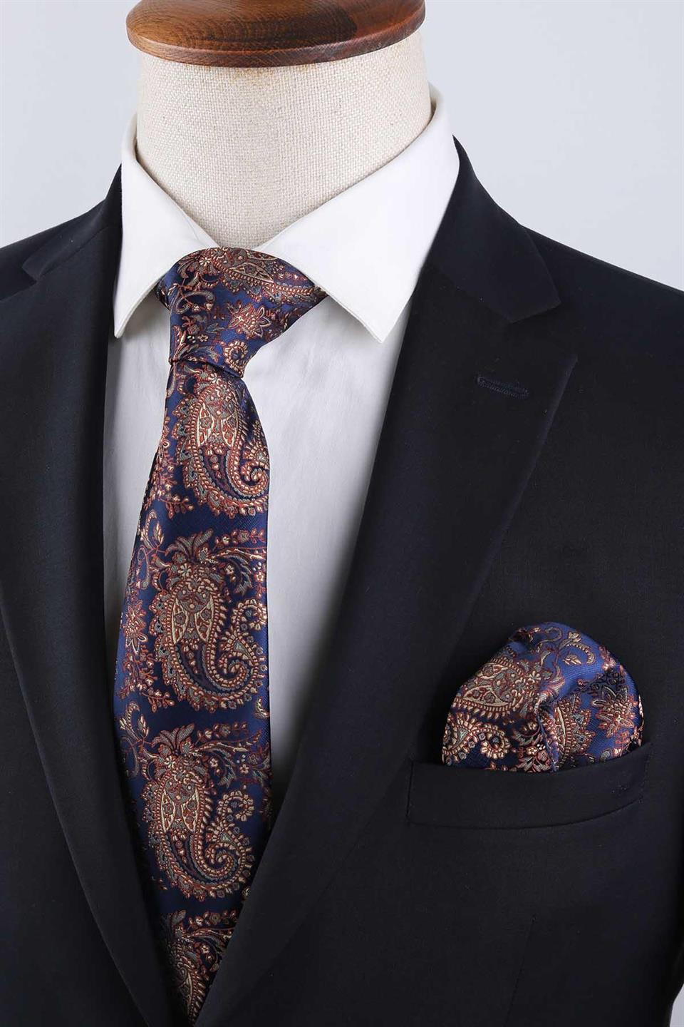 Lacivert Şal Desen Mendilli Klasik Kravat KK13122