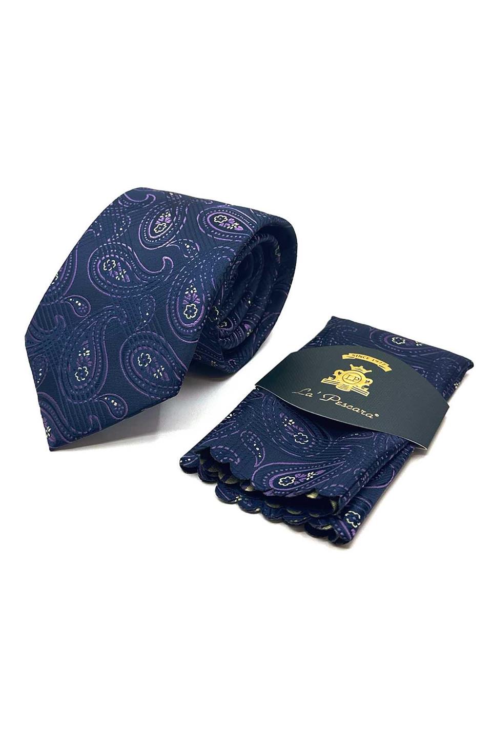 Lacivert Şal Desen Mendilli Klasik Kravat KK13006