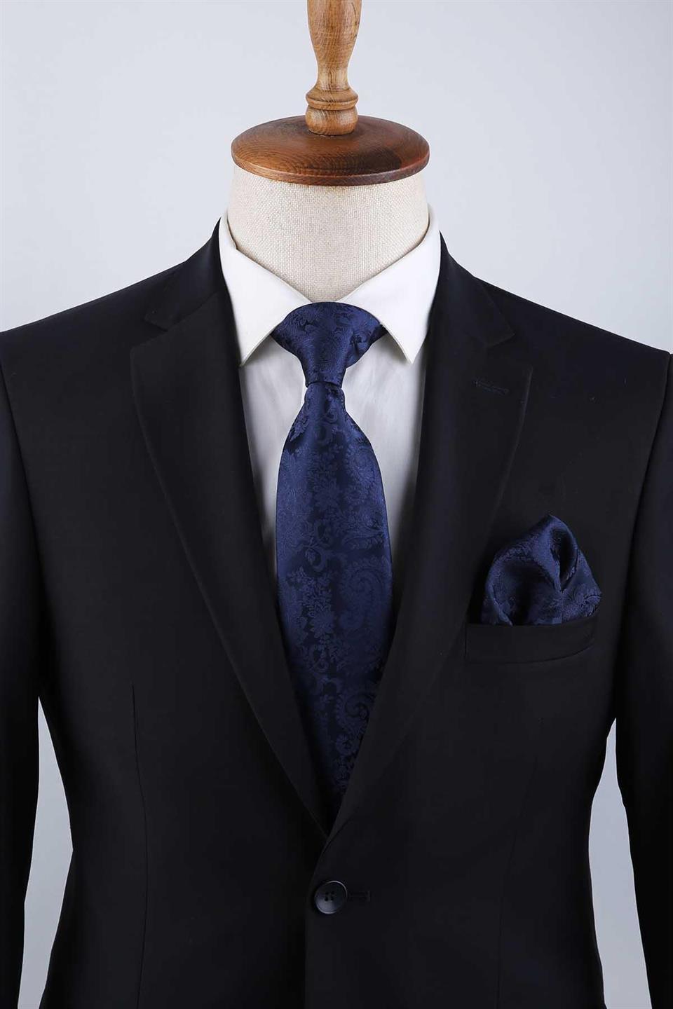 Lacivert Şal Desen Mendilli Klasik Kravat KK13123