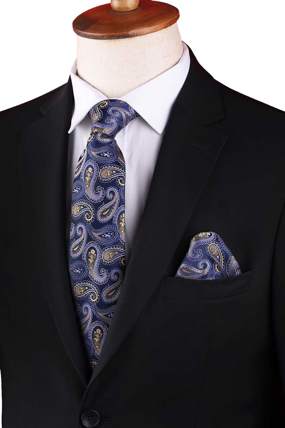 Lacivert Şal Desen Mendilli Klasik Kravat KK13122