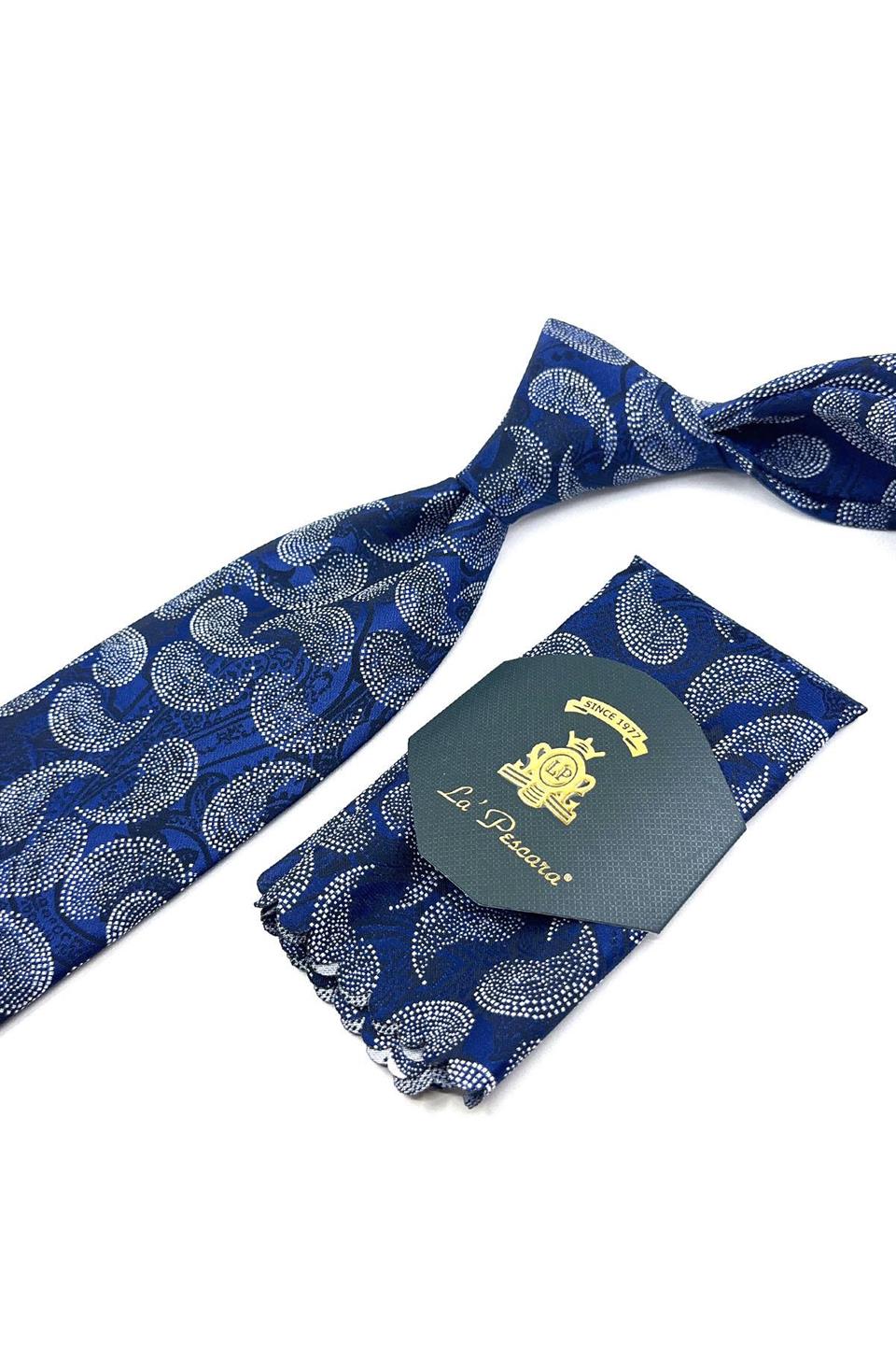 Lacivert Şal Desen Mendilli Klasik Kravat KK11854