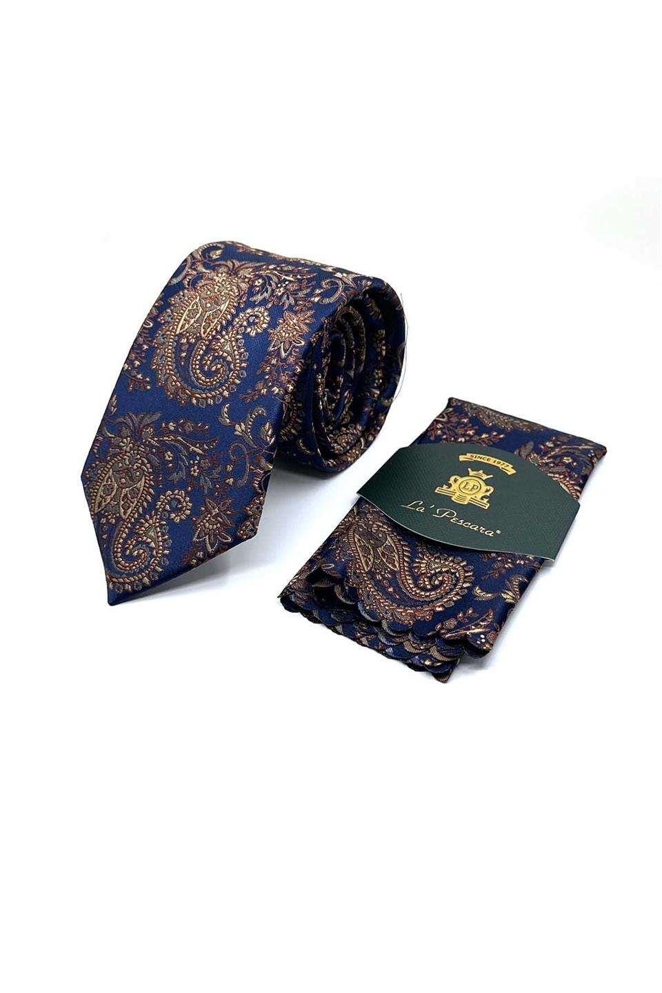 Lacivert Şal Desen Mendilli Klasik Kravat KK13122
