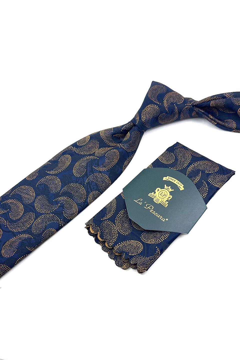 Lacivert Şal Desen Mendilli Klasik Kravat KK11857