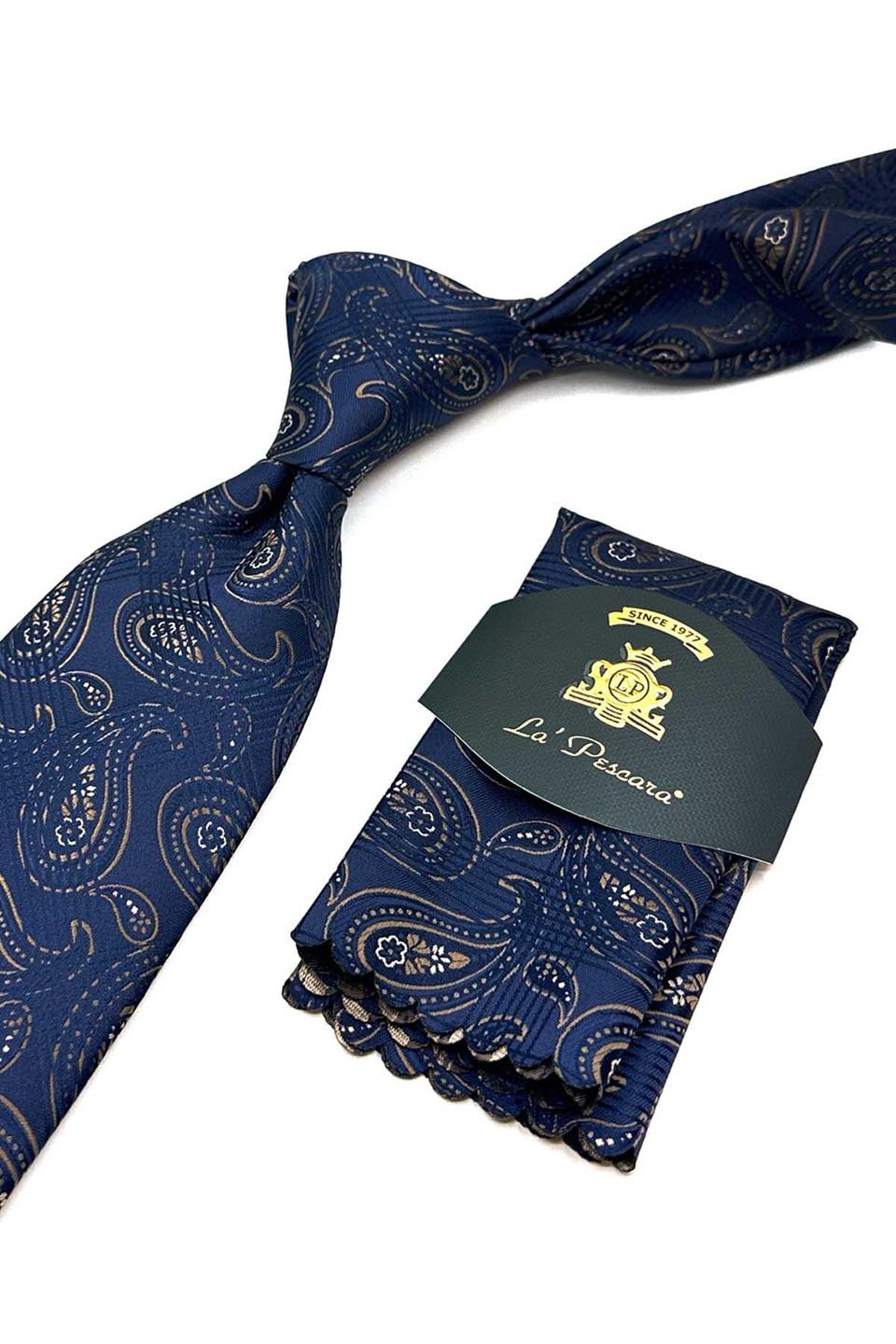 Lacivert Şal Desen Mendilli Klasik Kravat KK13011