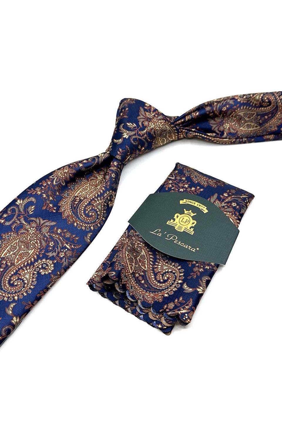 Lacivert Şal Desen Mendilli Klasik Kravat KK13122