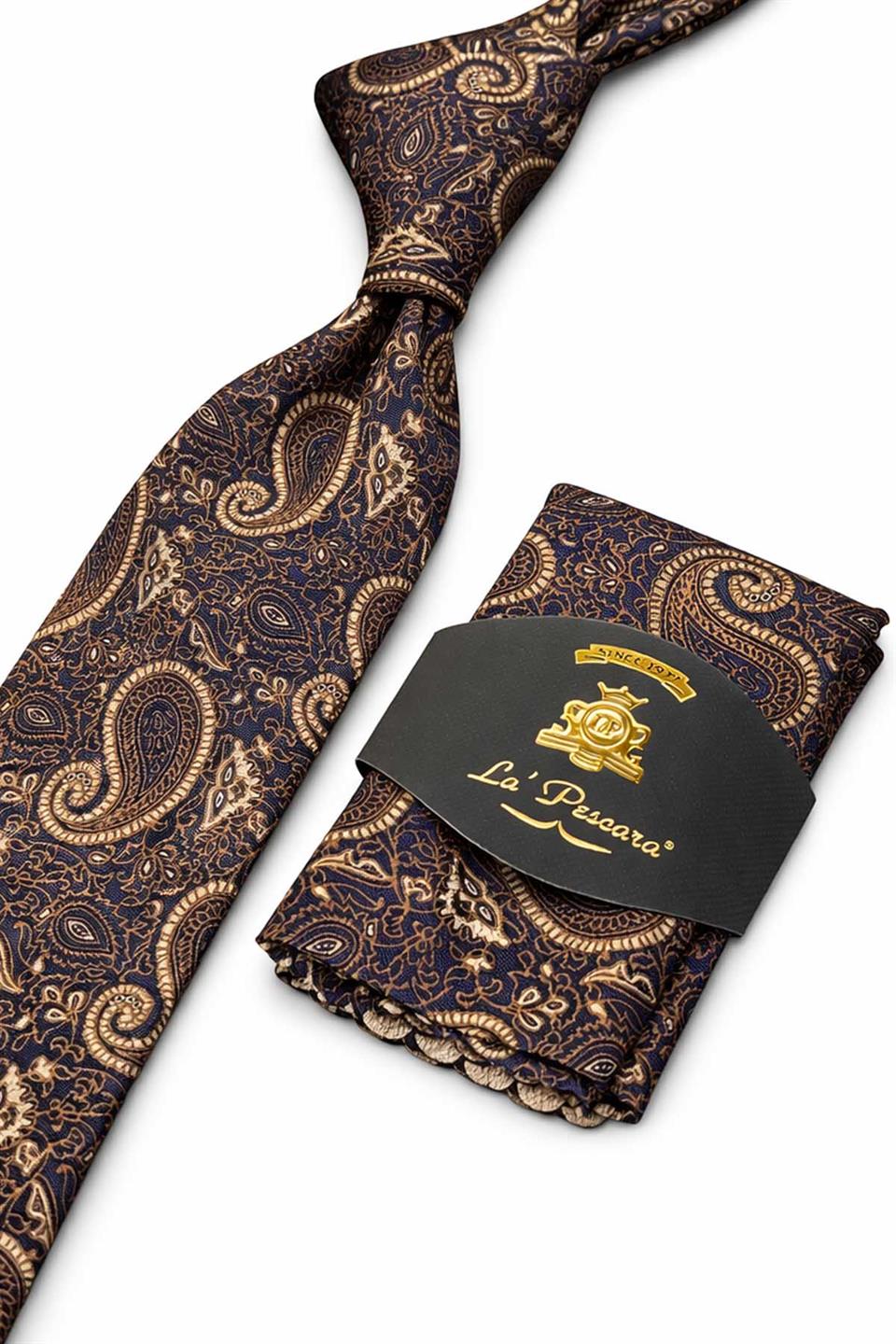Lacivert Şal Desen Mendilli Klasik Kravat KK13122