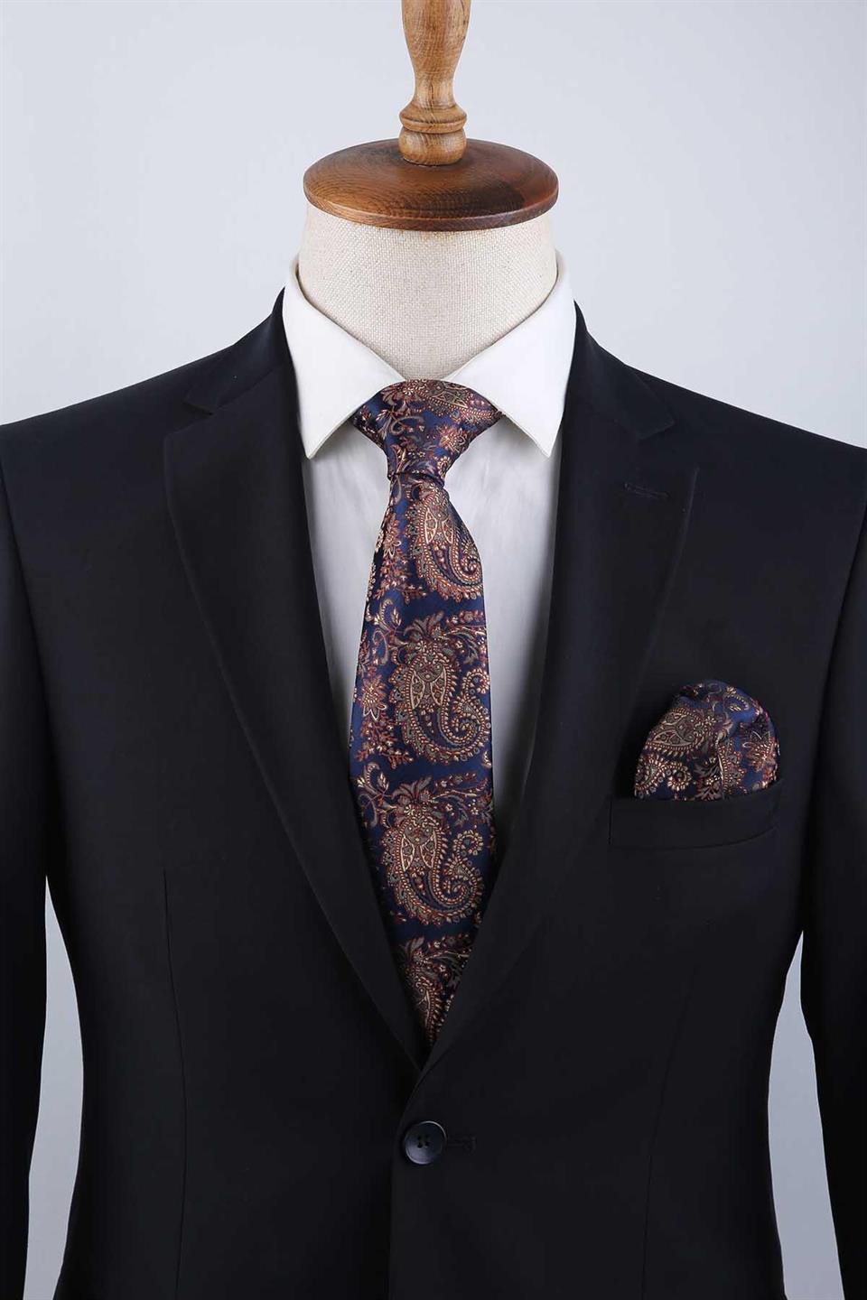 Lacivert Şal Desen Mendilli Klasik Kravat KK13122