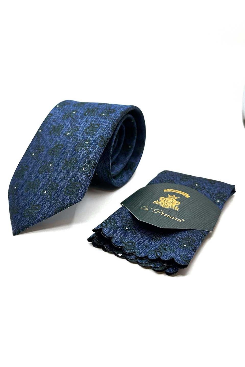 Lacivert Şal Desen Mendilli Klasik Kravat KK12926