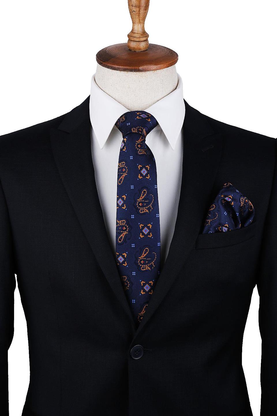 Lacivert Şal Desen Mendilli Klasik Kravat KK9945