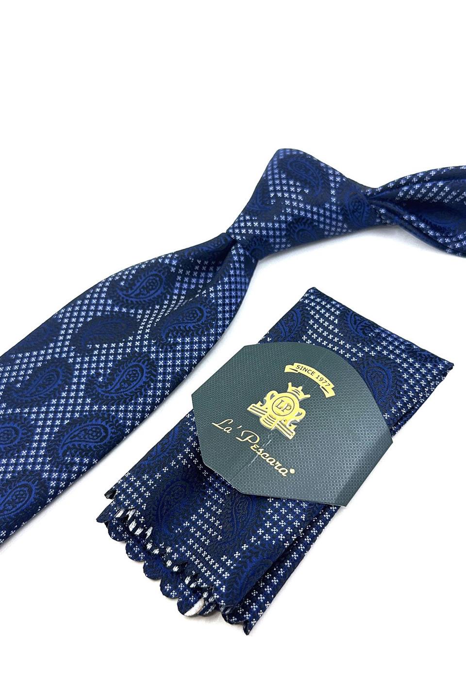 Lacivert Şal Desen Mendilli Klasik Kravat KK11886