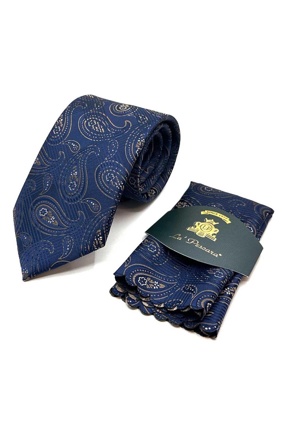 Lacivert Şal Desen Mendilli Klasik Kravat KK13011