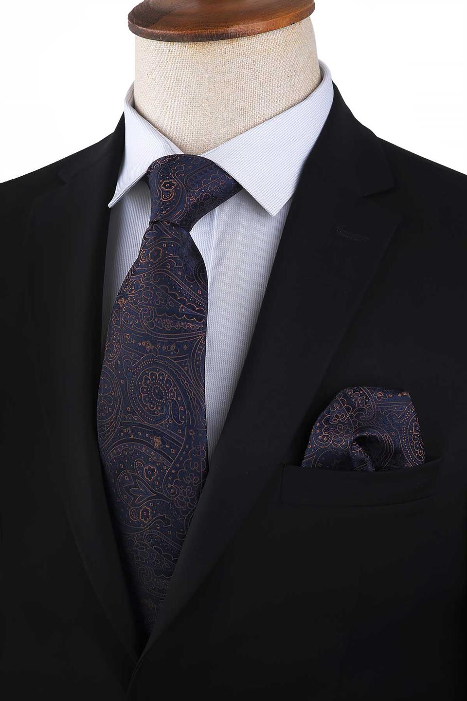 Lacivert Şal Desen Mendilli Klasik Kravat KK13118