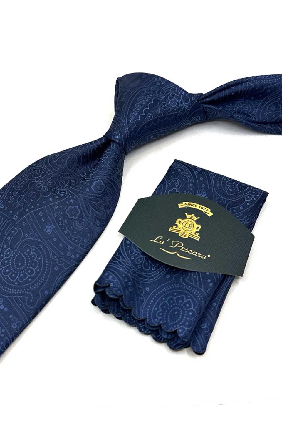 Lacivert Şal Desen Mendilli Klasik Kravat KK13129