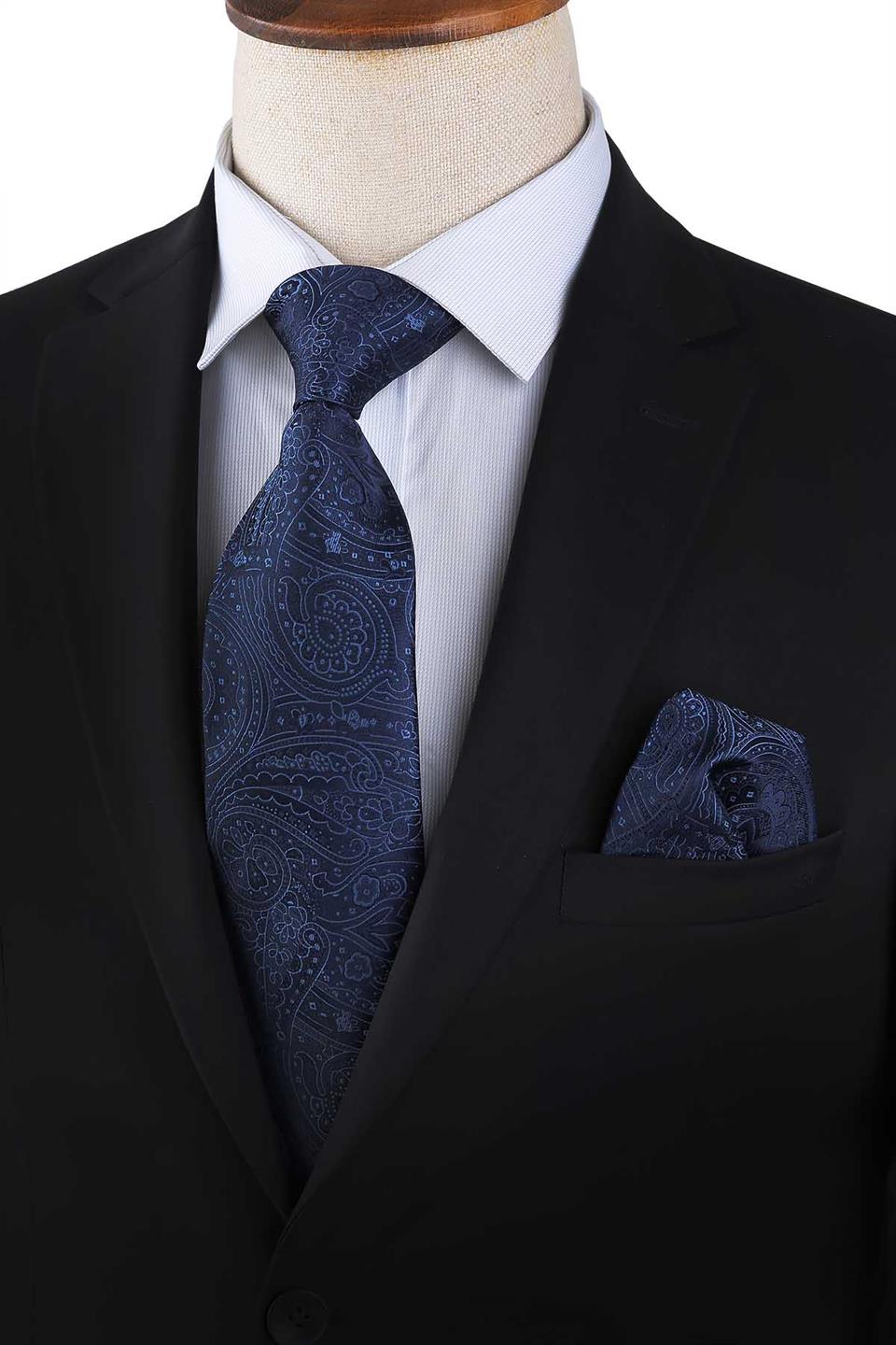 Lacivert Şal Desen Mendilli Klasik Kravat KK13129