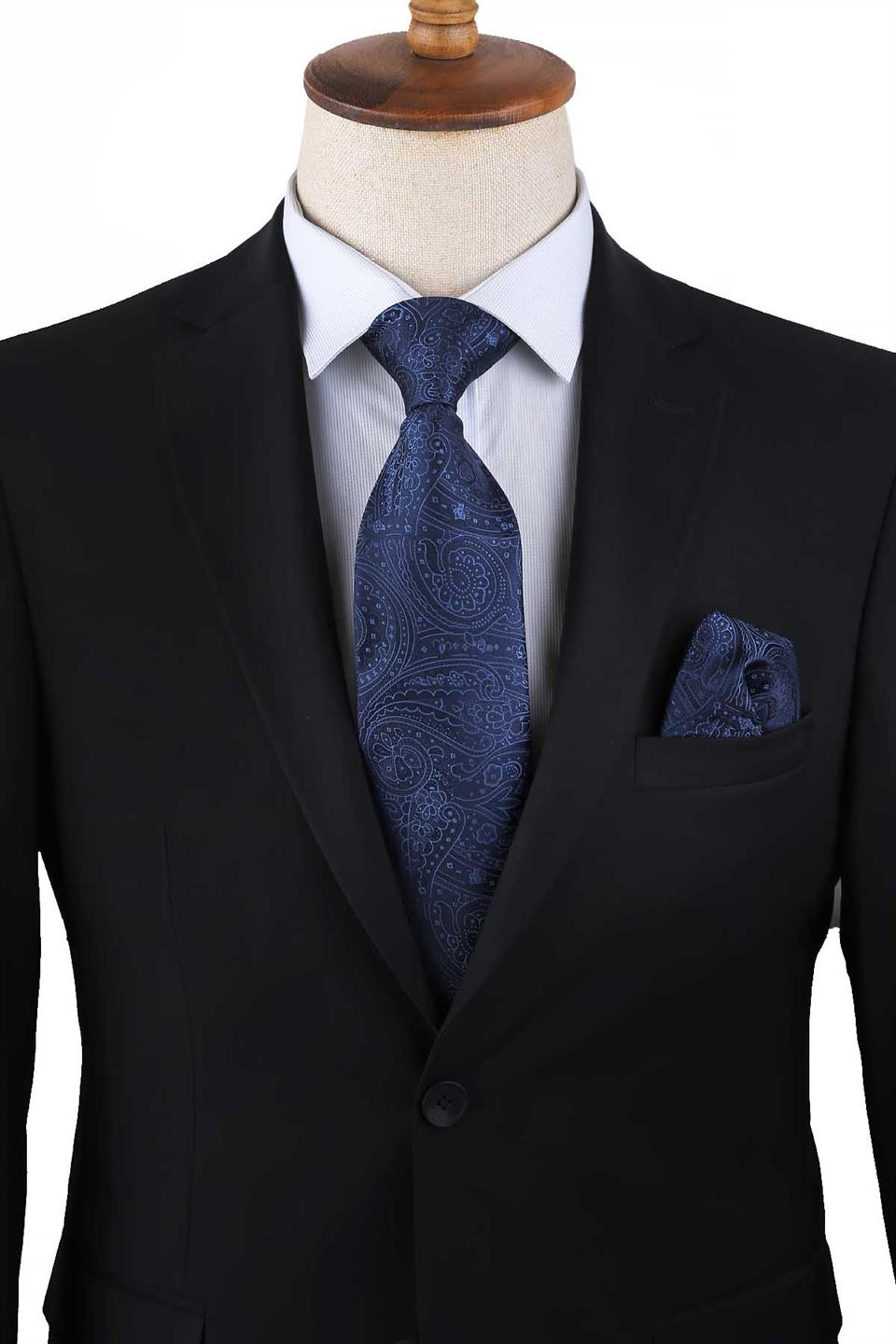 Lacivert Şal Desen Mendilli Klasik Kravat KK13129