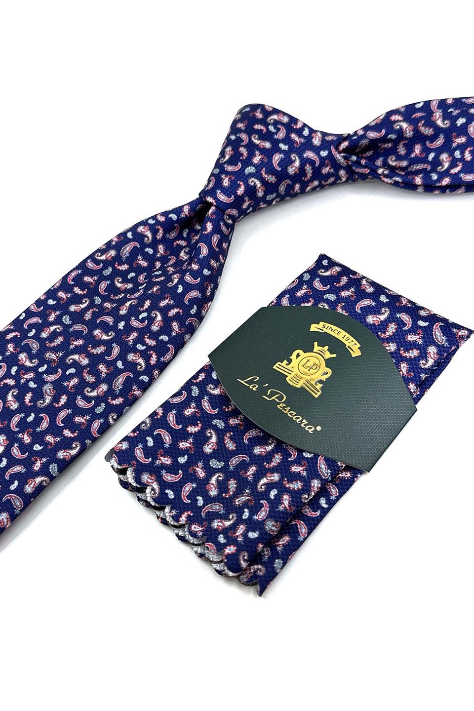 Lacivert Şal Desen Mendilli Klasik Kravat KK11945