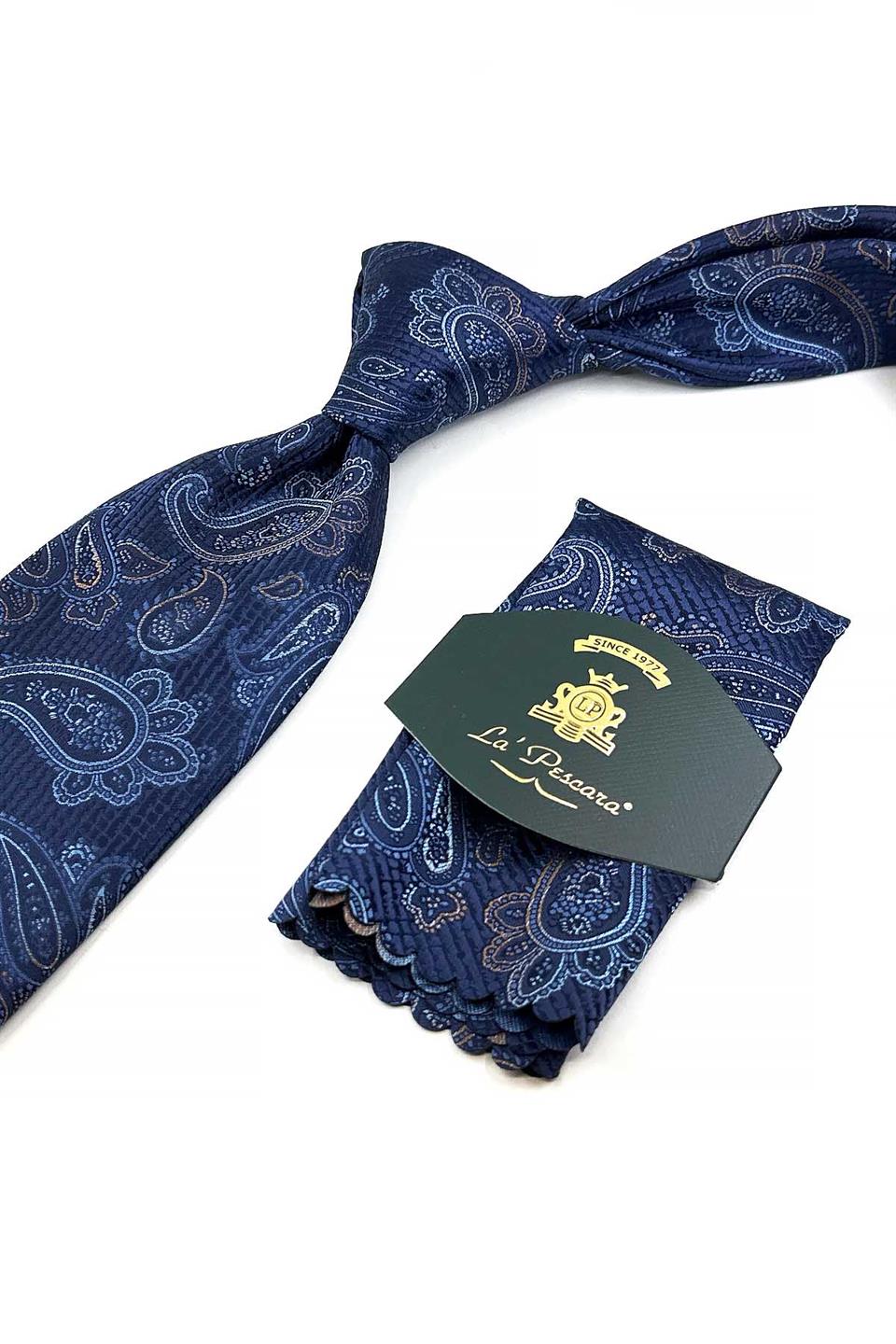 Lacivert Şal Desen Mendilli Klasik Kravat KK13129