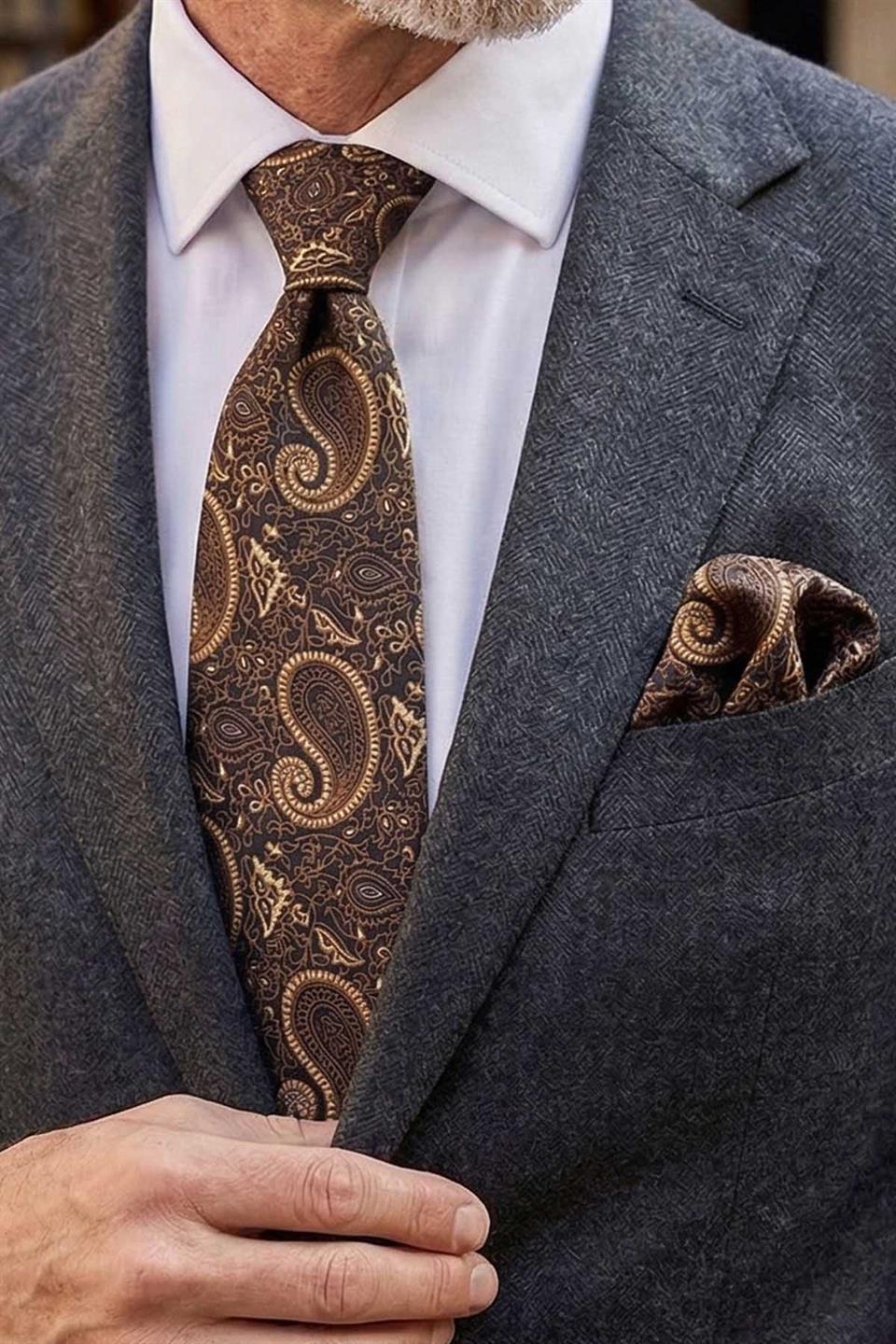 Lacivert Şal Desen Mendilli Klasik Kravat KK13122