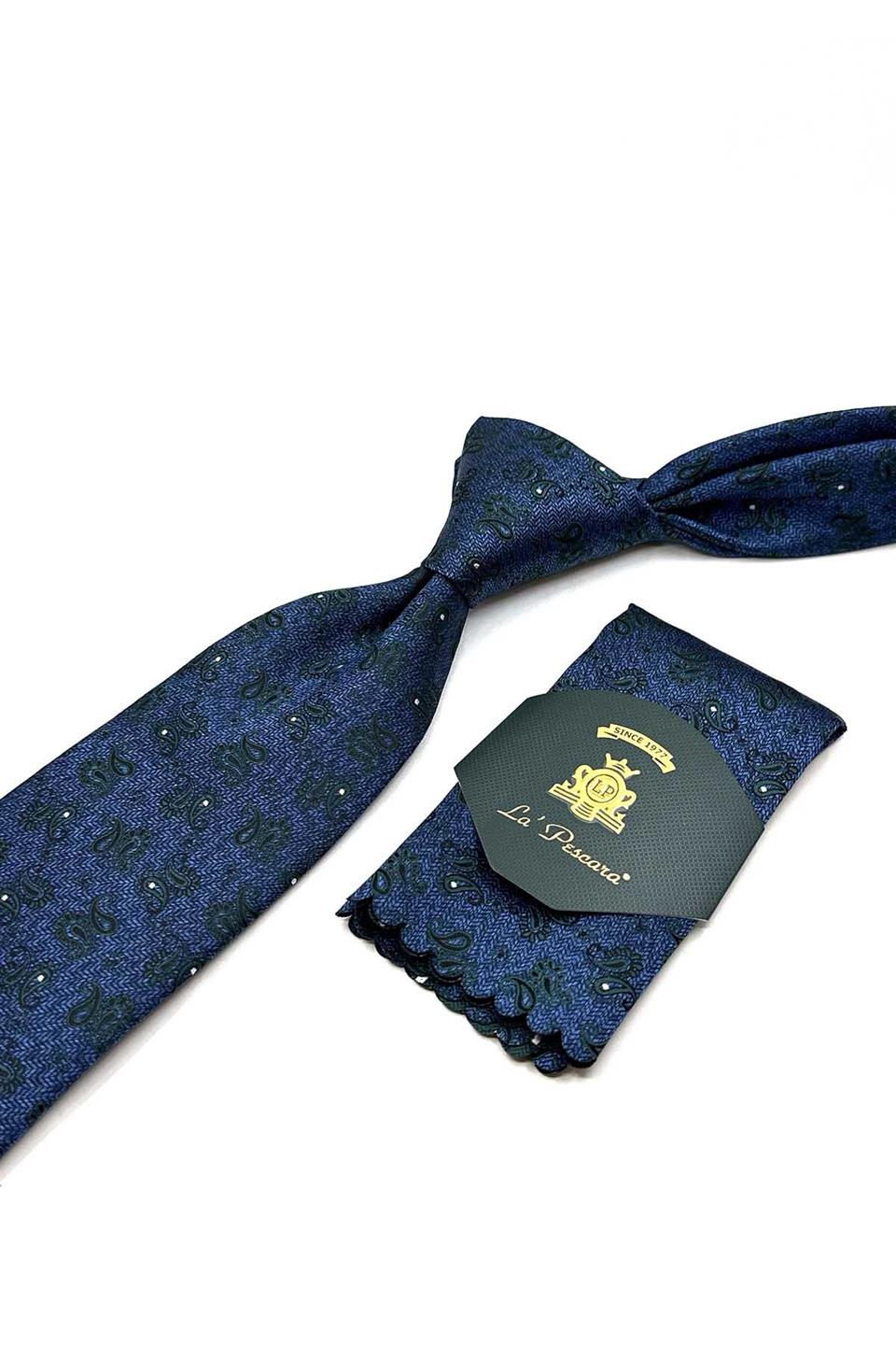 Lacivert Şal Desen Mendilli Klasik Kravat KK12926