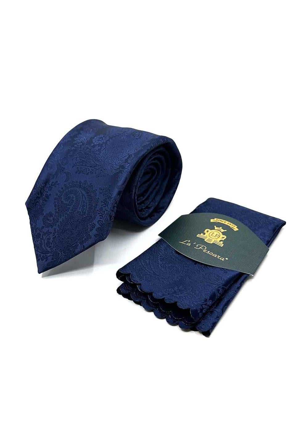 Lacivert Şal Desen Mendilli Klasik Kravat KK13123