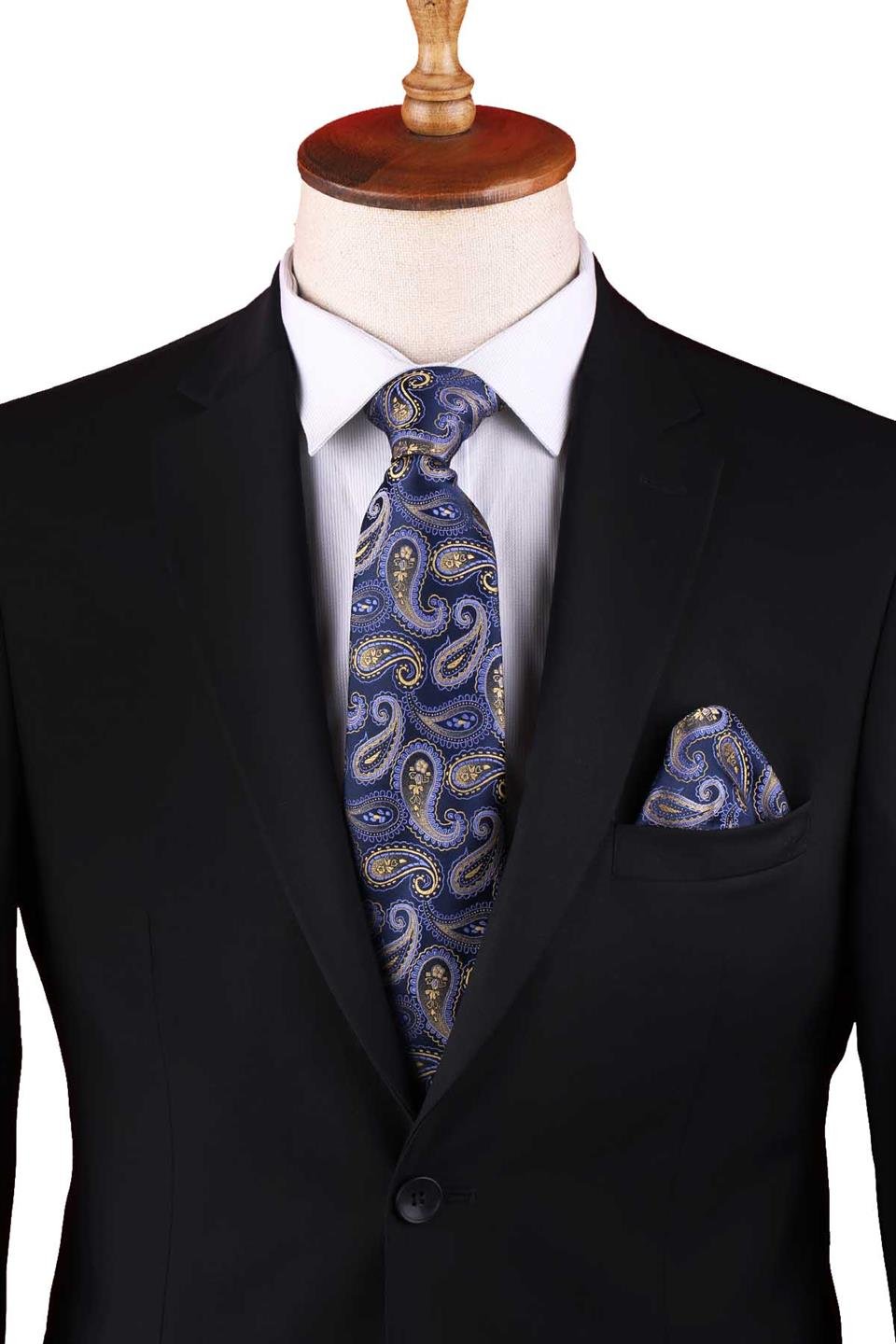 Lacivert Şal Desen Mendilli Klasik Kravat KK13122