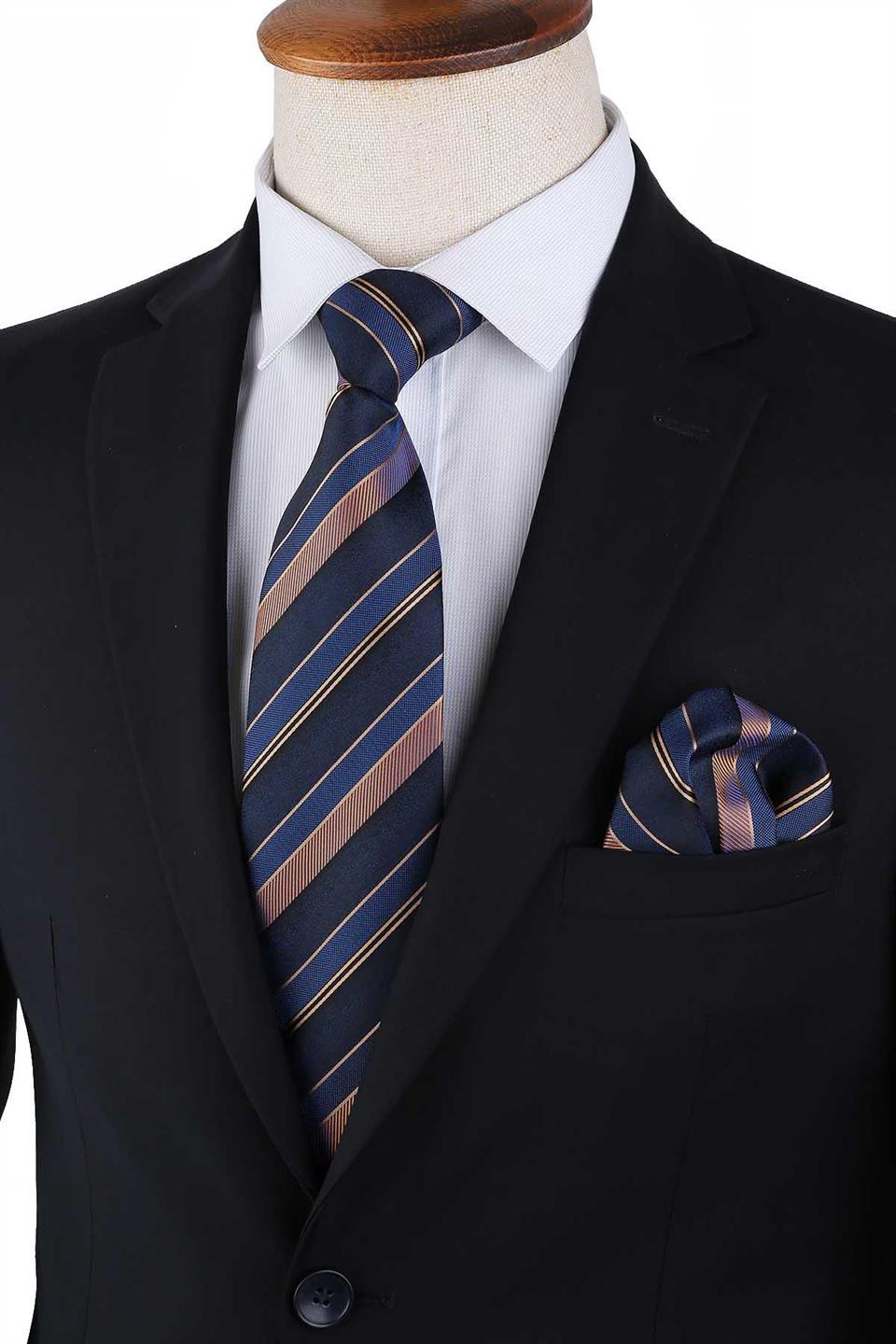 Lacivert - Sarı Çizgi Desen Mendilli Klasik Kravat KK13207