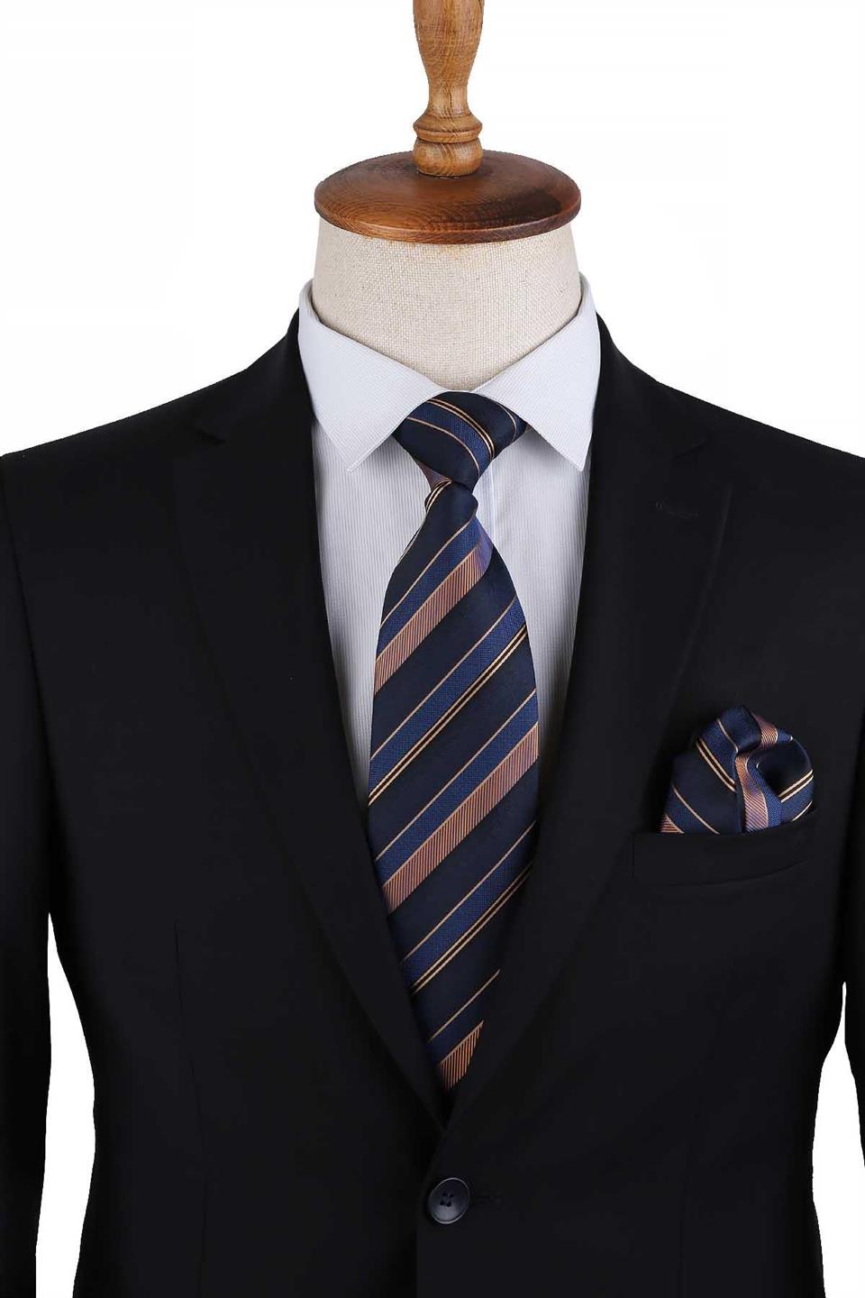 Lacivert - Sarı Çizgi Desen Mendilli Klasik Kravat KK13207