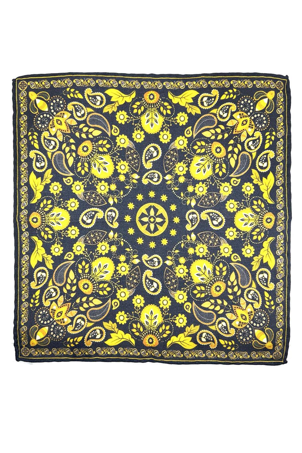 Lacivert - Sarı El Dikişi İtalyan Yün Cep Mendili WL14