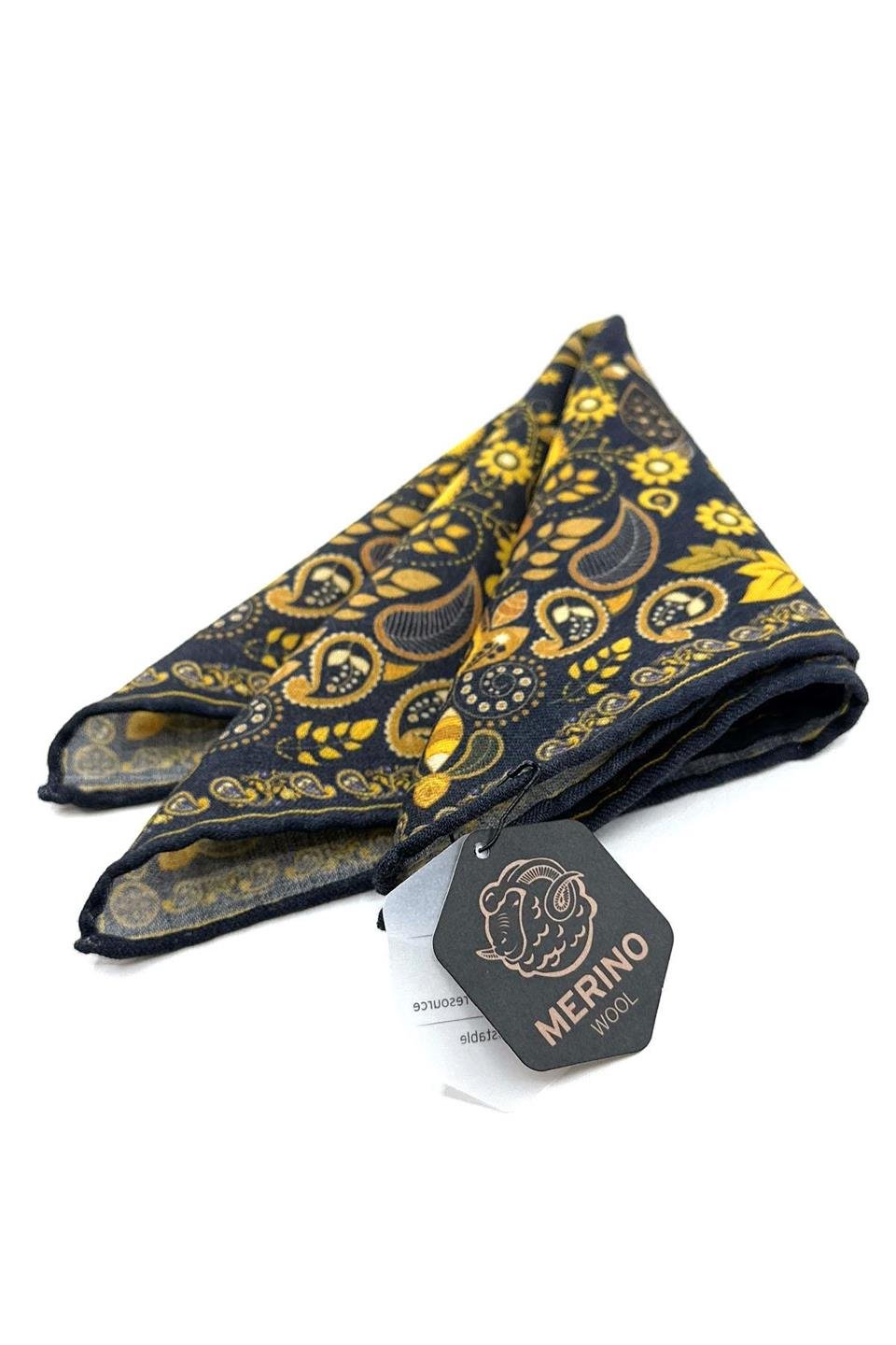 Lacivert - Sarı El Dikişi İtalyan Yün Cep Mendili WL14